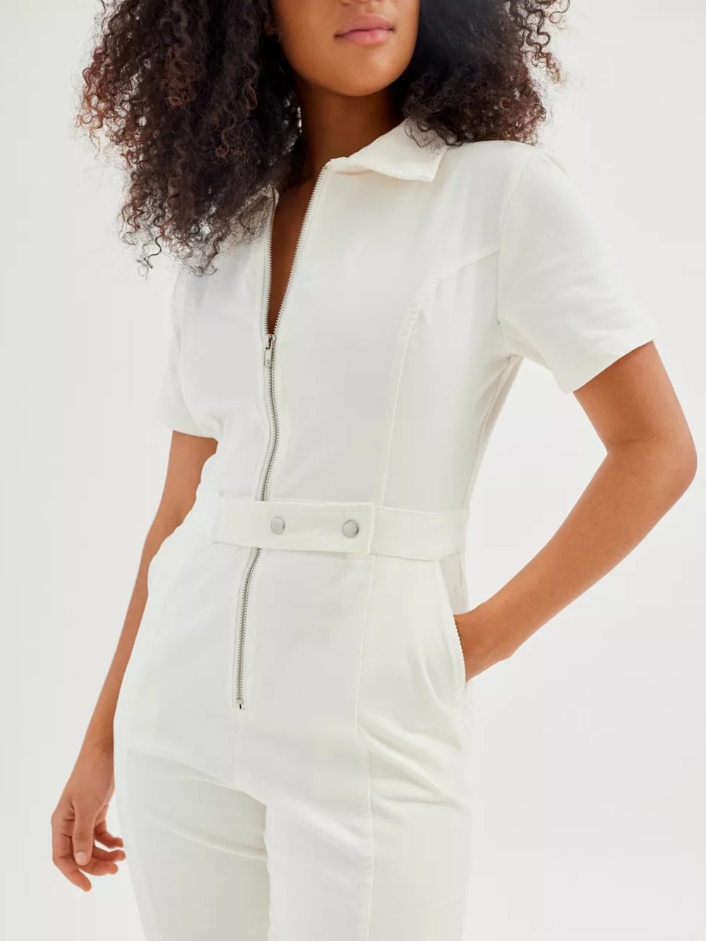 Glamorous - White Short-Sleeve Zip Front Corduroy Jumpsuit